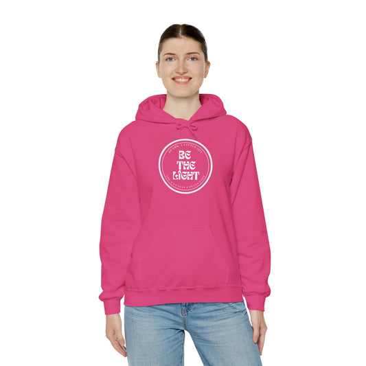 BE THE LIGHT Hooded Sweatshirt - Unisex Heavy Blend™ - Cozy & Stylish, Perfect for Cold Weather, Positive Message - Pink *Small-5XL