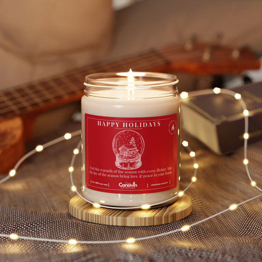 HAPPY HOLIDAYS, Scented Candle, 100% Natural Soy Wax, Long-Lasting 9oz – Uplifting Messages, Perfect for Christmas Gifts