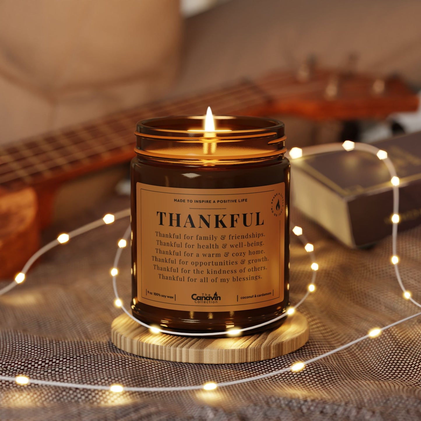 THANKFUL - Cozy Holiday Scented Candles – 100% Natural Soy Wax, Long-Lasting 9oz – Uplifting Messages, Perfect for Christmas & Thanksgiving Gifts