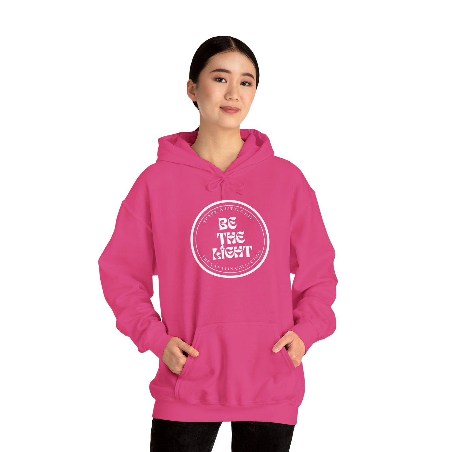 BE THE LIGHT Hooded Sweatshirt - Unisex Heavy Blend™ - Cozy & Stylish, Perfect for Cold Weather, Positive Message - Pink *Small-5XL