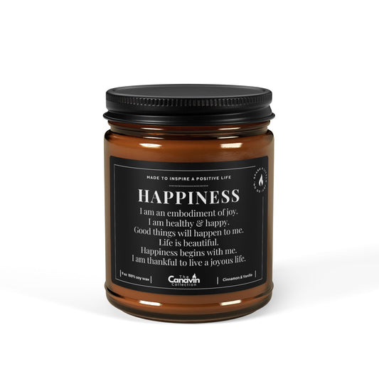 HAPPINESS, Mindfulness Scented Candle, Cinnamon Vanilla, 9oz - Relaxing Aromatherapy, Gift Ideas, Home Decor, Self-Care, Manifest