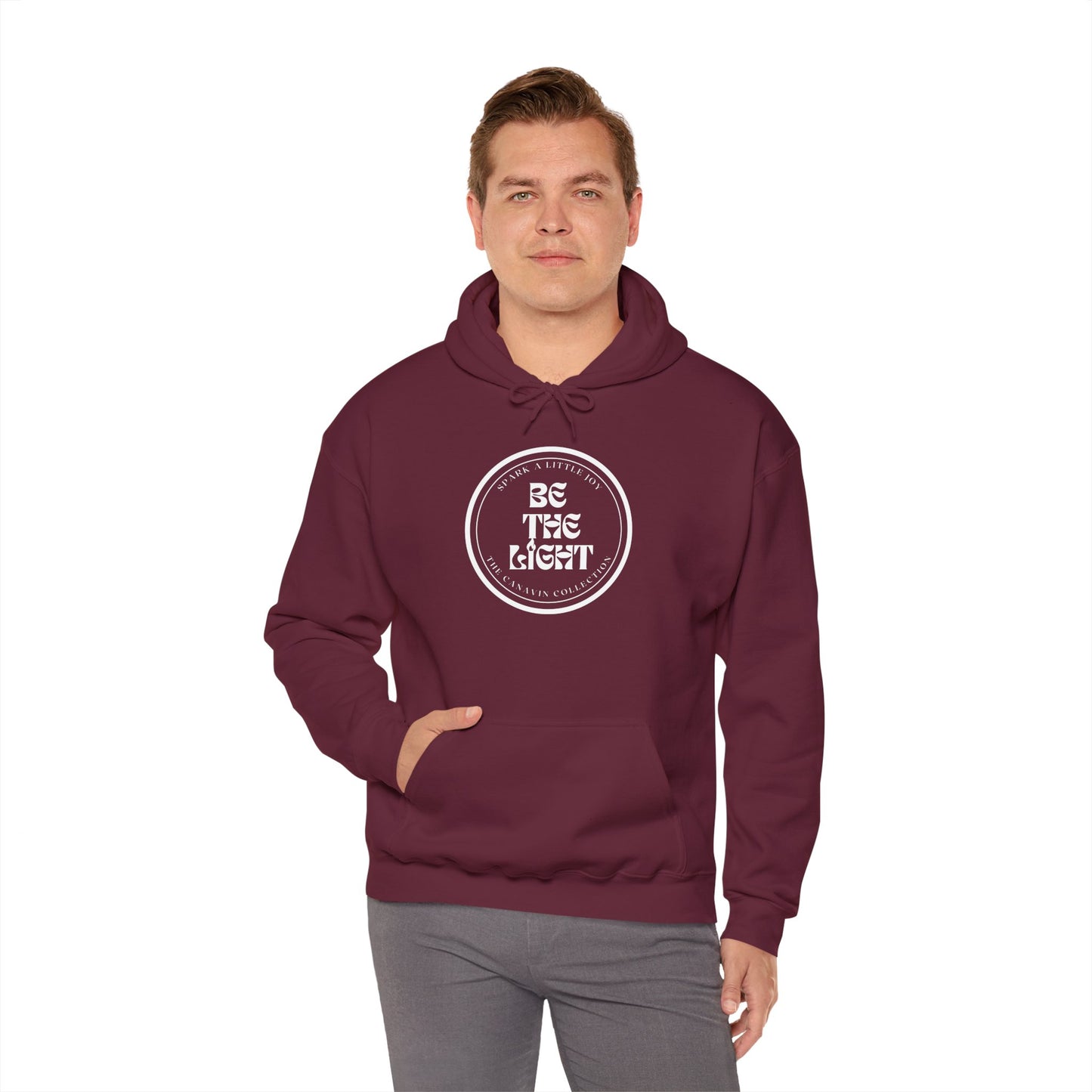 BE THE LIGHT Hooded Sweatshirt - Unisex Heavy Blend™ - Cozy & Stylish, Perfect for Cold Weather, Positive Message - Maroon *Small-5XL